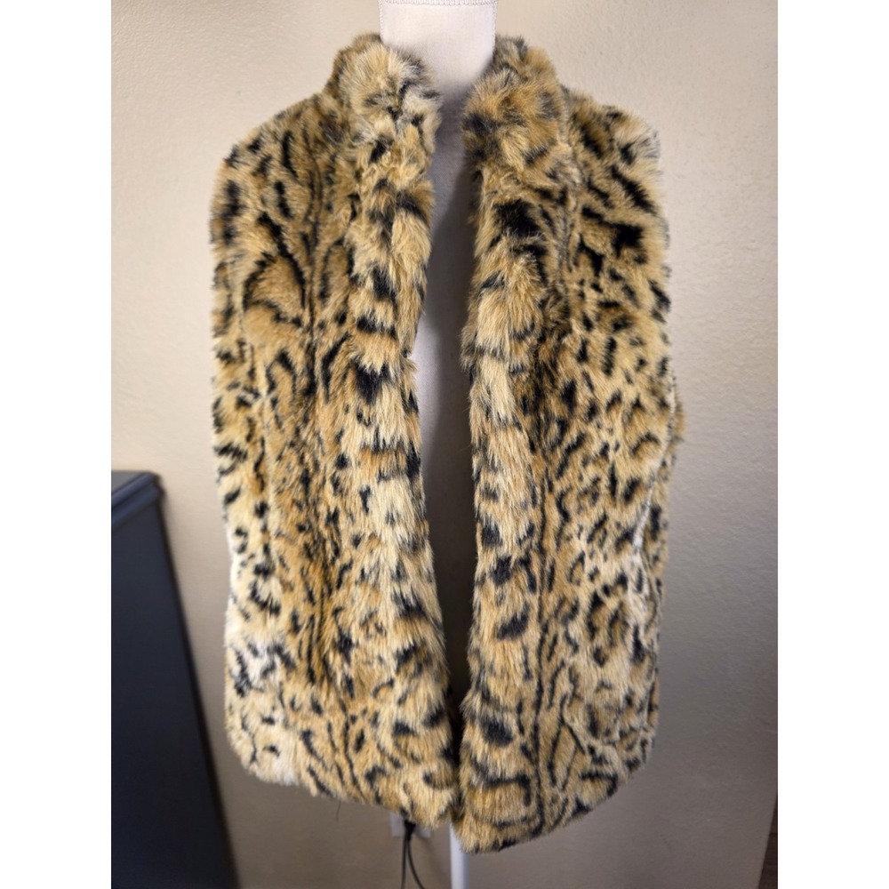 Chico's Faux Fur Hook Closure Lined Leopard Print Brown Plush Vest Size 2